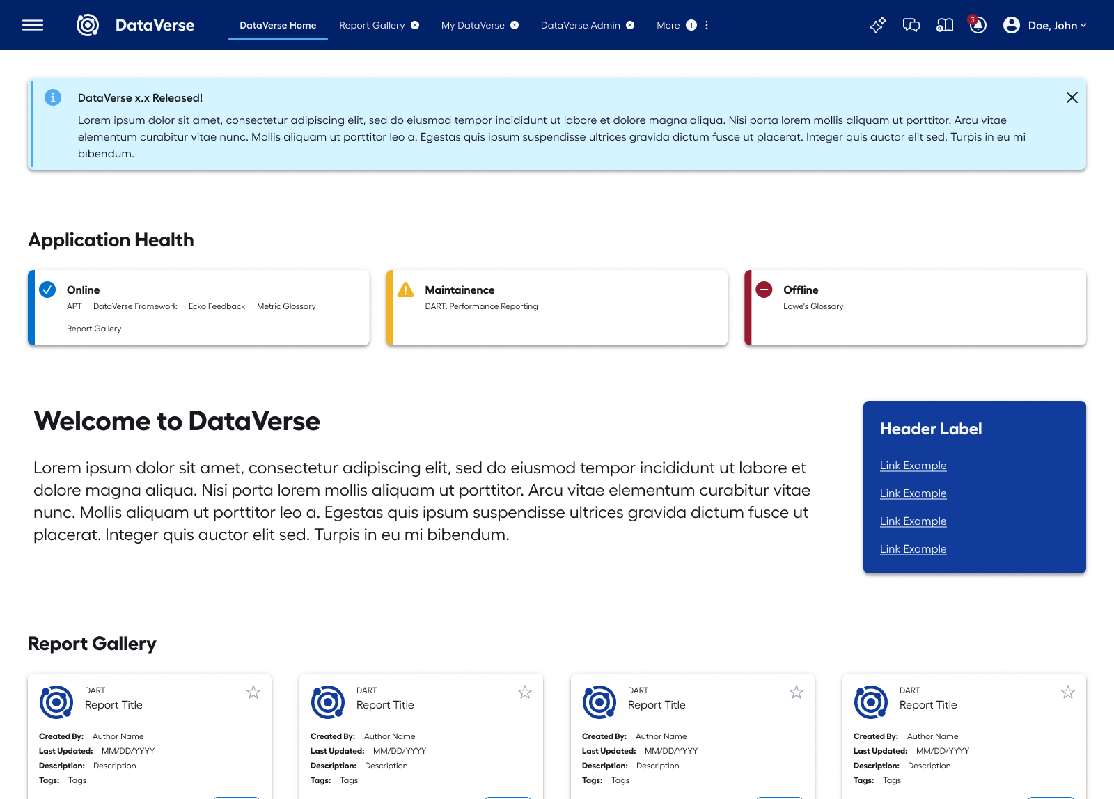 Updated DataVerse homepage with modernized layout and clearer health/status modules