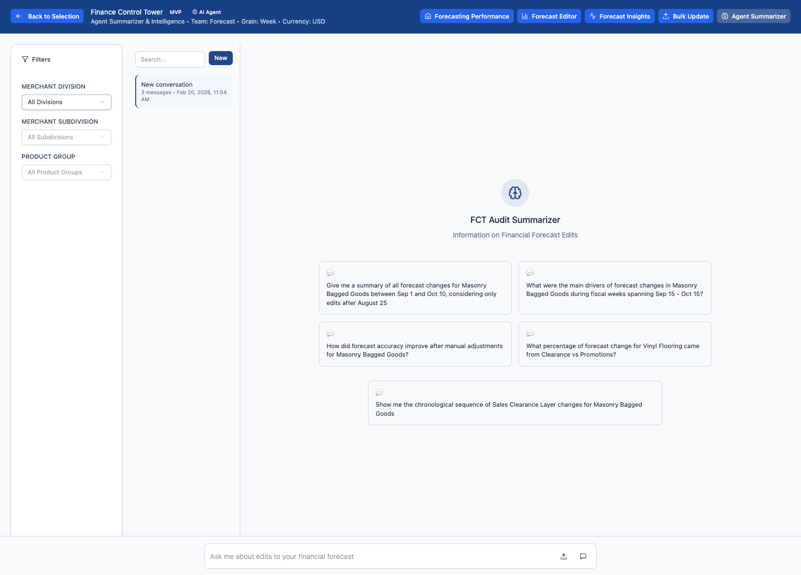 Finance Control Tower agent summarizer showing explainable forecast drivers and changes