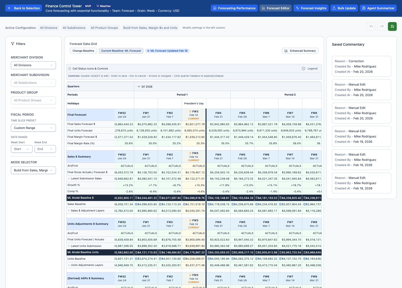 Finance Control Tower forecast editor showing baseline controls and weekly forecast table