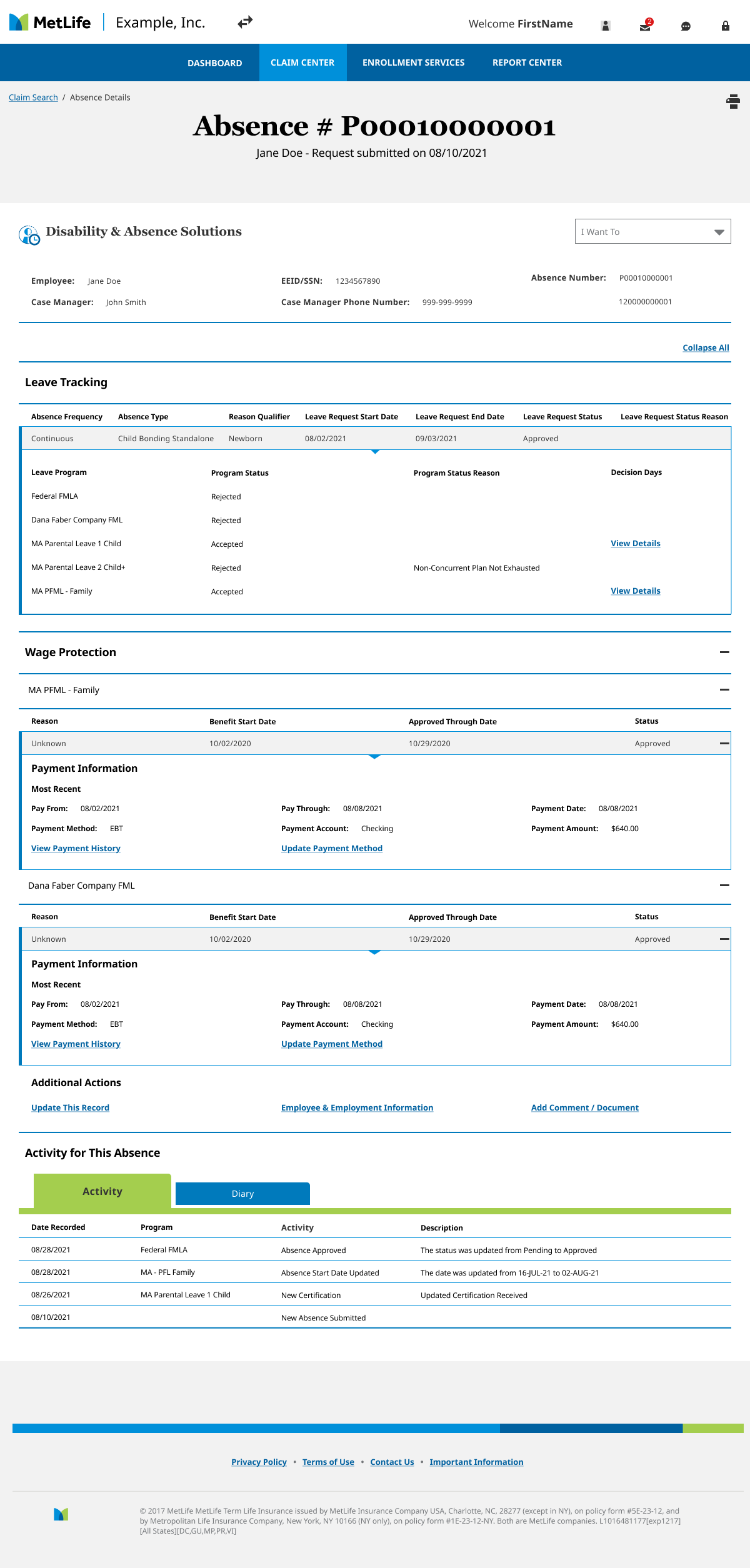 MetLife disability and absence claims dashboard