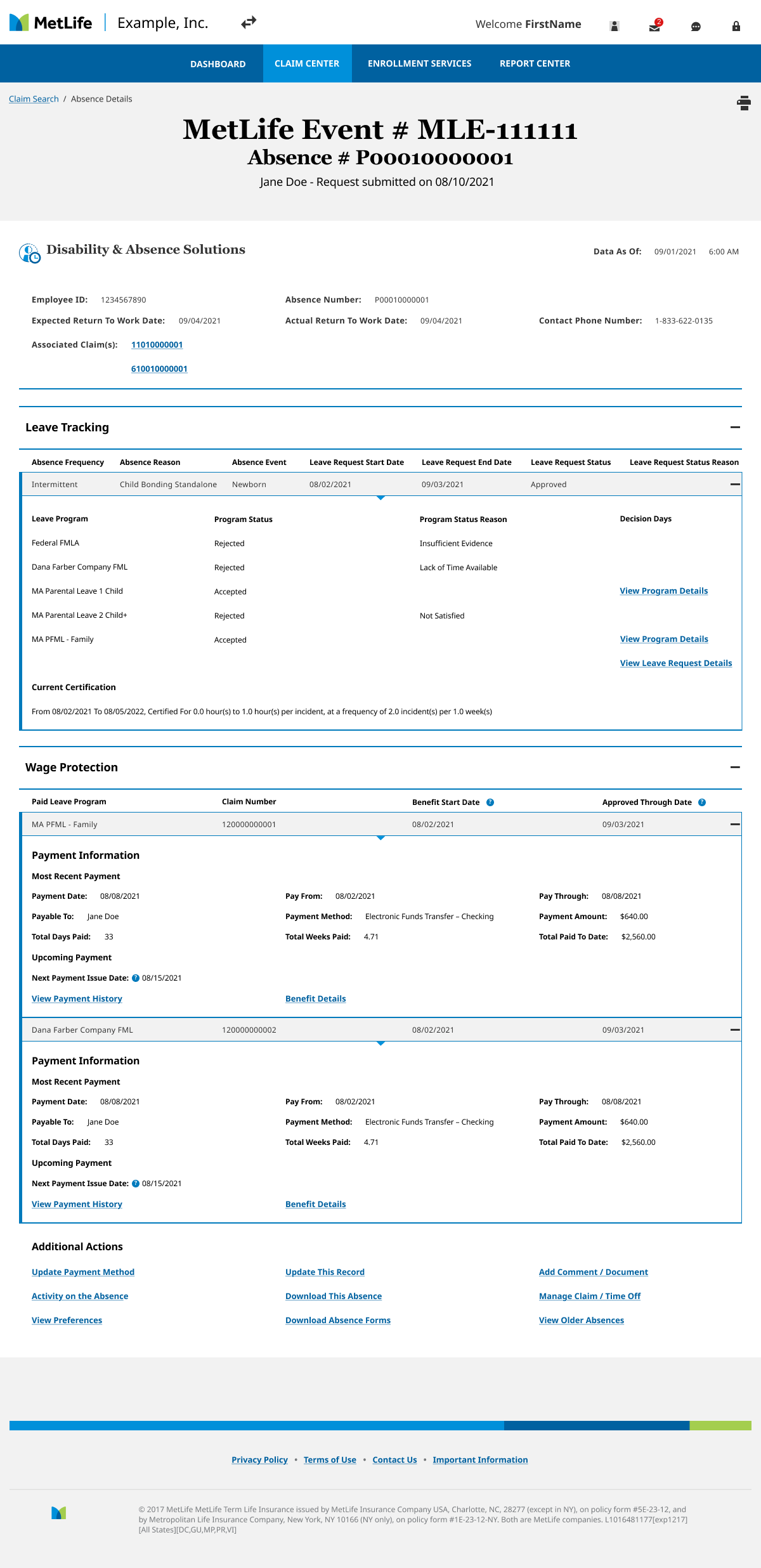 MetLife absence dashboard with annotated data and program logic