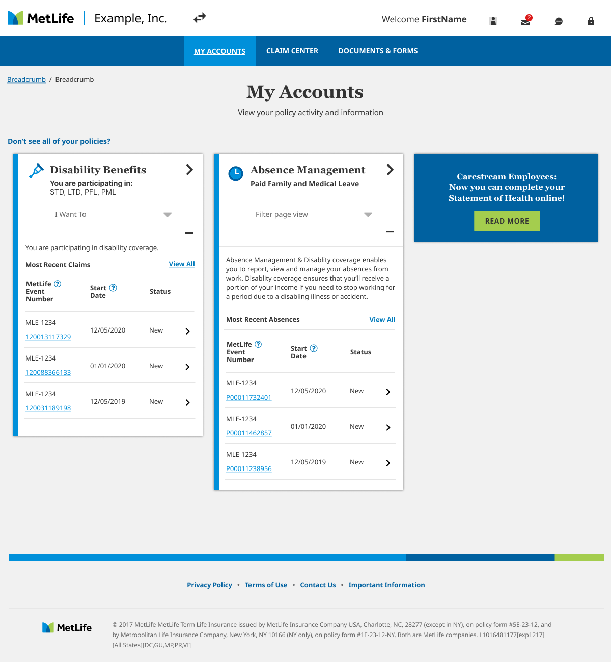 MetLife claimant profile and form workflow view